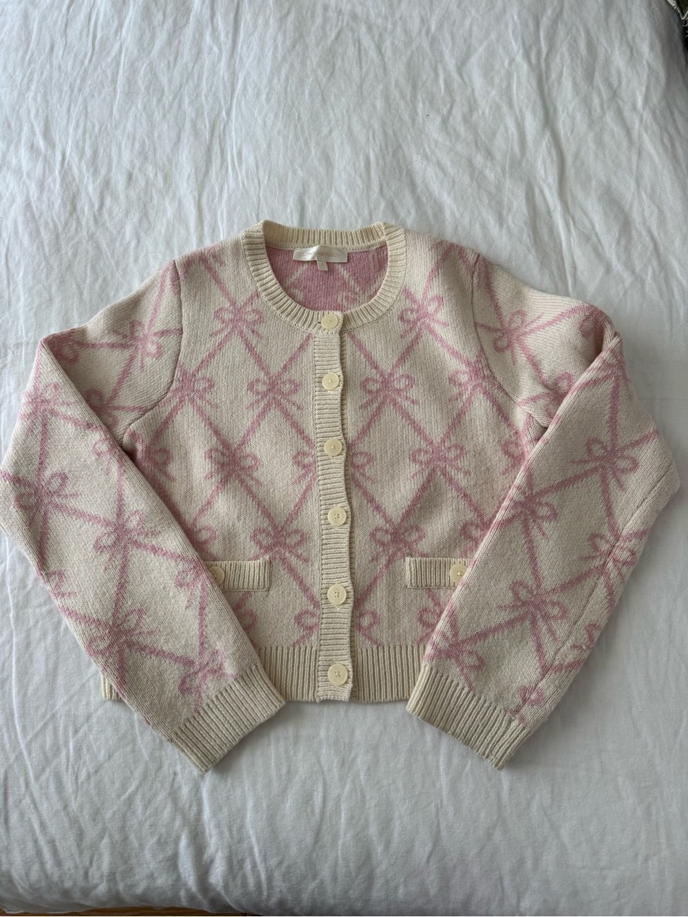 LoveShackFancy Cream Cardigan with Pink Bow Pattern